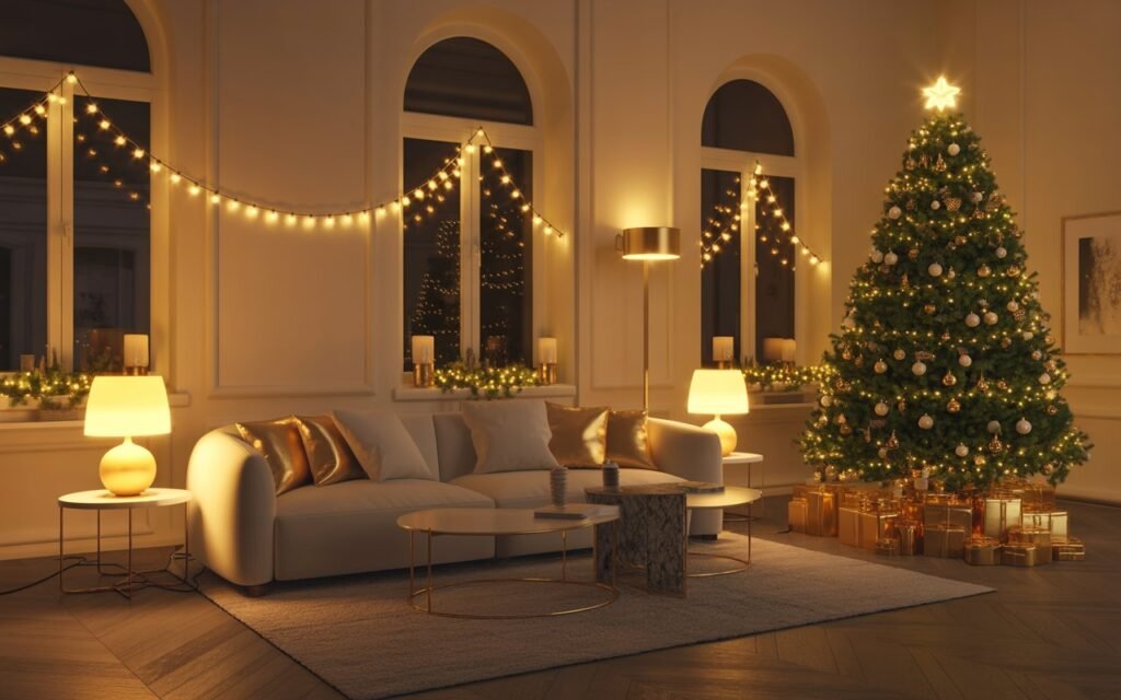 elegant gold and white christmas living room, warm ambient lighting, fairy lights
