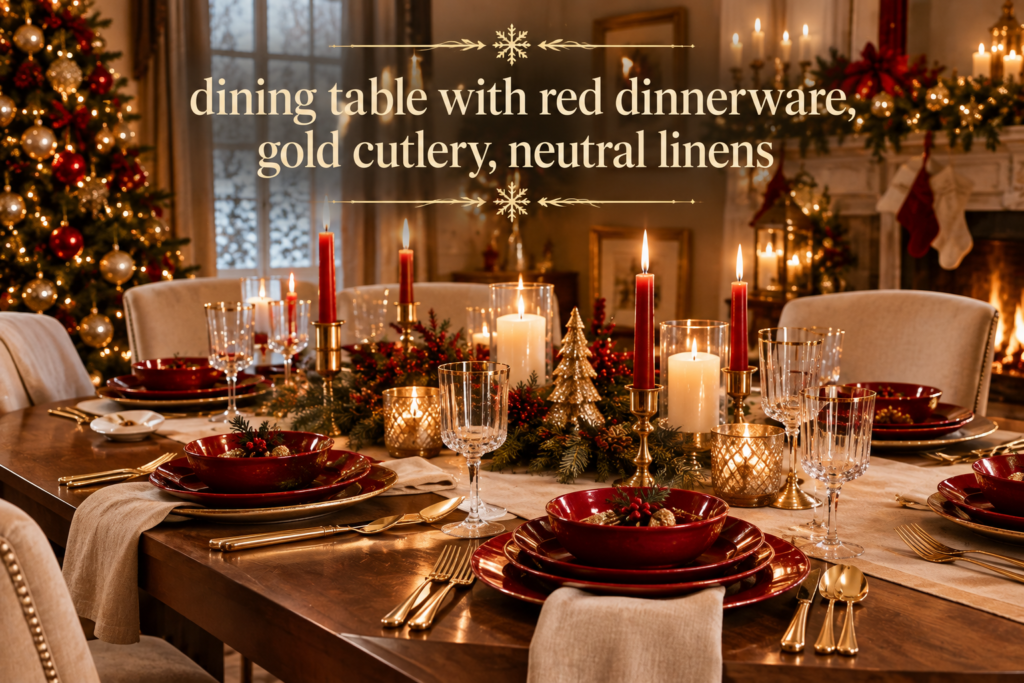 dining table with red dinnerware, gold cutlery, neutral linens