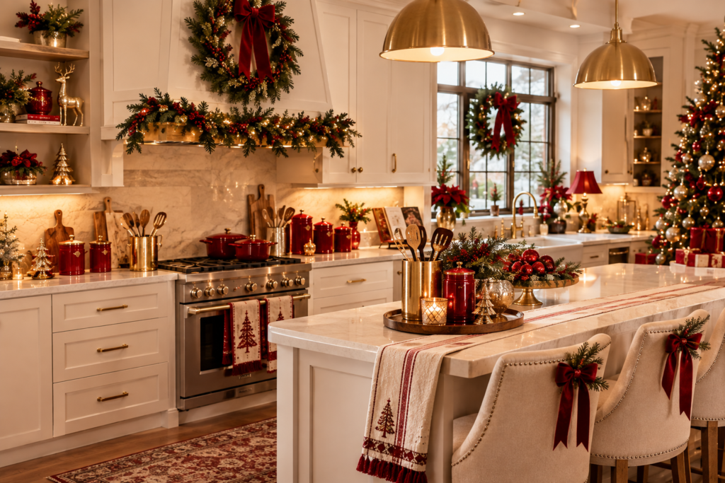kitchen with red and gold accessories,